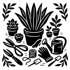 Indoor Gardening Tools Illustration Monochrome Houseplant Care Design