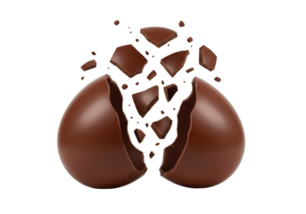 Hollow dark chocolate Easter egg, cracked into two separated halves, glossy surface, hollow interior, suspended shards, transparent studio backdrop, copy space. Concept of surprise and deconstruction
