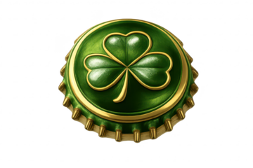 Shamrock on green metal, gold trim, with transparent background art.