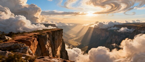 High cliff overlooking a sea of clouds illuminated by warm sunrise light, creating a dramatic and atmospheric mountain landscape.