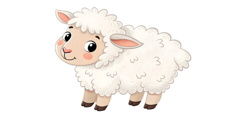 Obraz premium Cute baby sheep (lamb) standing with fluffy wool. Adorable young farm animal isolated on transparent background, PNG. Great for kids education, nursery decor, farm-themed illustrations, and stickers.