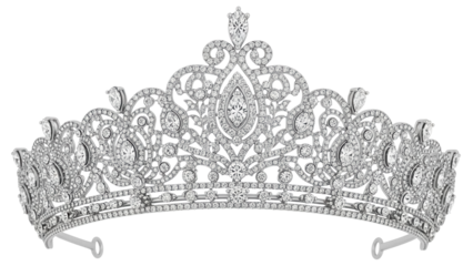 Silver tiara with diamonds isolated PNG on transparent background, elegant headpiece for wedding or prom, royal jewelry for special occasions