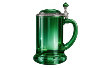 Green beer stein with lid on transparent background, vintage style