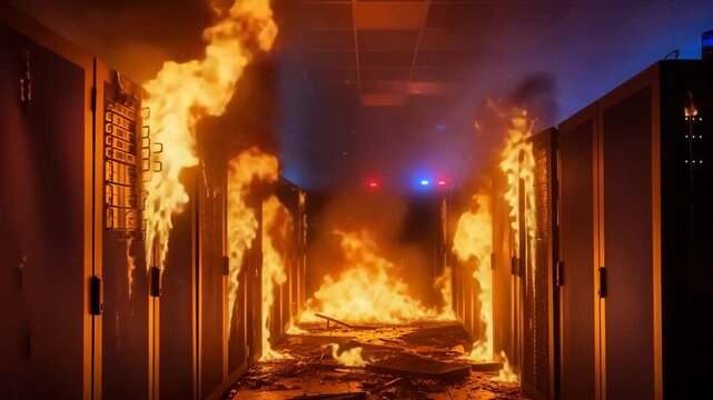 Catastrophic fire engulfs a modern data center. Flames spread rapidly across server racks and equipment. Depicting a major it infrastructure disaster and system failure