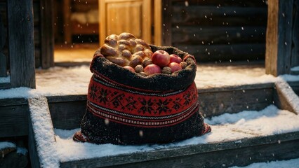 Bowl of apples in snow on rustic doorstep in winter