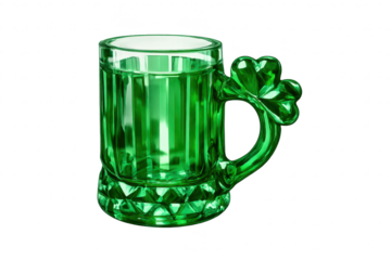St. Patrick's Day green shamrock glass mug, transparent background.