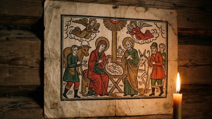 Folk nativity style painting on wooden wall with candlelight