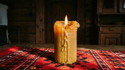 Single beeswax candle on embroidered cloth in dark rustic room
