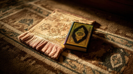Holy book resting on a prayer mat.