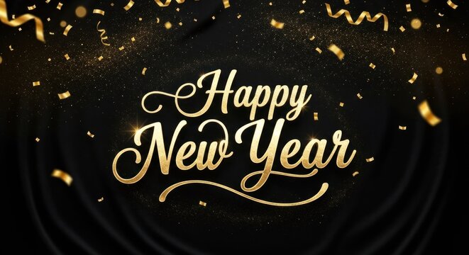Elegant gold script "Happy New Year" on black fabric with confetti