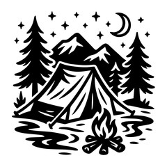 Mountain Camping Night Illustration Black and White Nature Scene