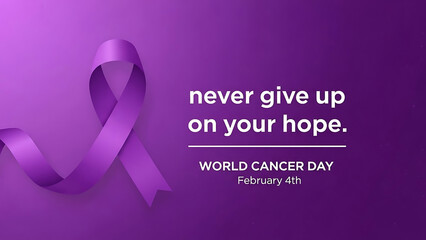 Purple ribbon with motivational quote for world cancer day on purple background