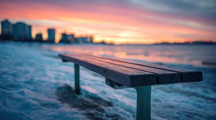 A park bench on a snowy shoreline at sunset, overlooking a city skyline