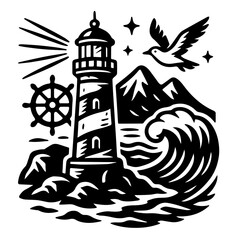 Lighthouse Camping Illustration Black and White Outdoor Adventure Art