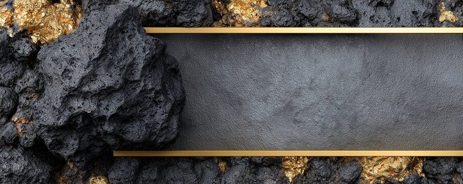 long banner of volcanic rock and basalt textures with dark mineral patterns framed by thin gold border, top view