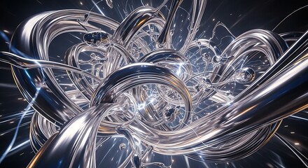 Intricate tangle of reflective metallic strands pulses with internal light against a dark background
