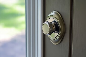 Close-up view of a shiny door knob reflecting sunlight