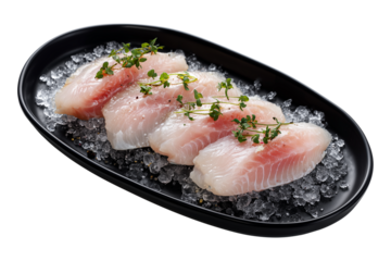 fresh dorado fillet arranged on sleek black oval platter with herbs and subtle ice accents