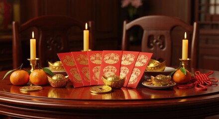 Fototapeta premium Festive table with red envelopes, golden ingots, candles, and fruit, ready for celebration