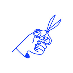 Vector simple linear illustration, hand holding scissors, opening concept, discount and sale illustration