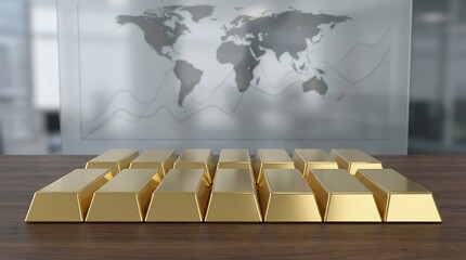 A collection of gold bars arranged on a wooden table in a modern office setting with a world map in the background
