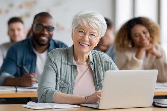 Smiling senior woman with glasses using a laptop in a diverse classroom setting for lifelong learning education technology and modern retirement lifestyle concepts