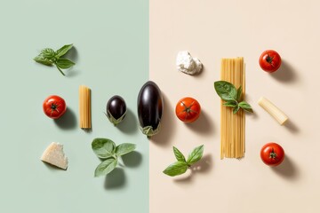 Flat lay of pasta alla norma ingredients including fresh eggplant, tomatoes, basil, and spaghetti arranged on a dual tone green and beige background, minimalist food design for culinary projects