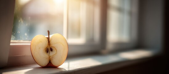 A halved apple on a windowsill, illuminated by sunlight streaming through a window