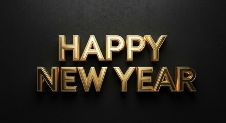 Gold "Happy New Year" text on a textured black backdrop, festive and celebratory