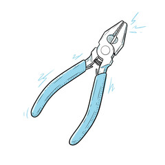 Pliers with blue handles in sketch style on white background  