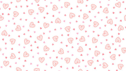 Horizontal seamless pattern of hand drawn pink hearts with striped and solid hearts