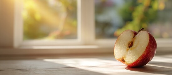 A sliced red apple sits on a light-wood surface near a sunlit window. The scene is bright