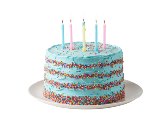 Photorealistic still life of a multi-layered birthday cake with light blue buttercream, ruffled borders, colorful sprinkles, and six lit pastel candles on a white plate against a clean studio
