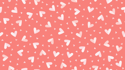 Seamless romantic pattern with scattered white heart shapes on a coral pink background