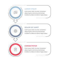 Vertical three step process infographic with circular elements connected by arrows, showing a sequential process or workflow