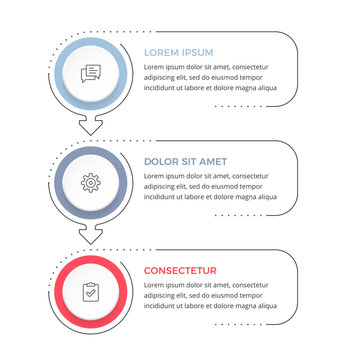 Vertical three step process infographic with circular elements connected by arrows, showing a sequential process or workflow