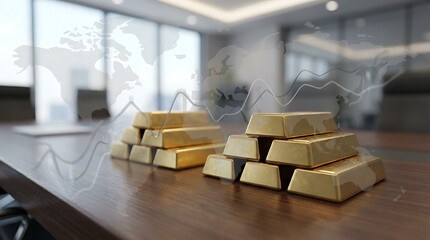 Stacks of gold bars on a wooden table with financial graphs and global maps in the background
