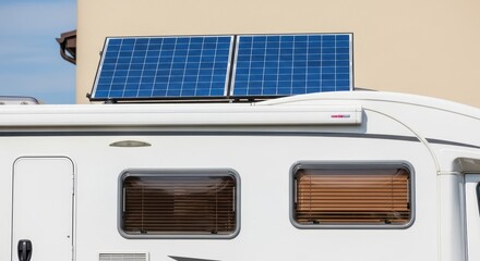 Two blue solar panels mounted on top of a white recreational vehicle with tinted windows