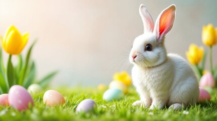 A cute white Easter bunny sitting in green grass with colorful eggs. Adorable fluffy rabbit with spring tulips on a festive holiday background. Happy Easter banner with copy space for text