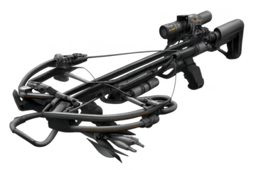 Modern black crossbow with a scope on transparent background image.