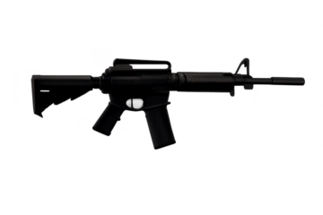 Black AR-15 rifle, stock and magazine on transparent background image