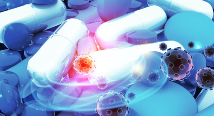 Conceptual 3D render showing the mechanism of action of an antiviral drug: medicine capsules interacting with and neutralizing harmful virus cells in a biological or scientific background