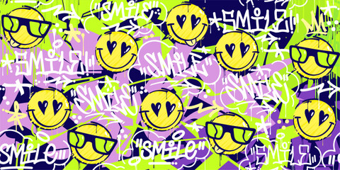 Abstract Street Art Graffiti Style Happy Smiling Faces Vector Background