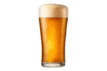 Glass of cold lager beer with condensation and foam, showing refreshing alcoholic beverage on transparent background