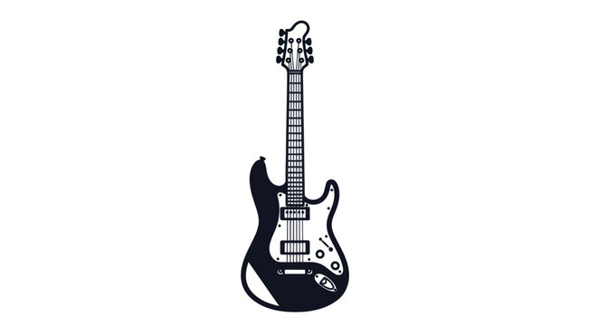 A stylized black and white illustration of a classic six-string electric guitar.