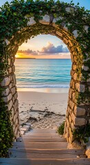 Stone archway covered in green foliage frames a view of the ocean during sunset