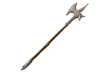 Grey two headed polearm with transparent background and wooden grip.