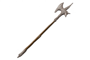 Grey two headed polearm with transparent background and wooden grip.