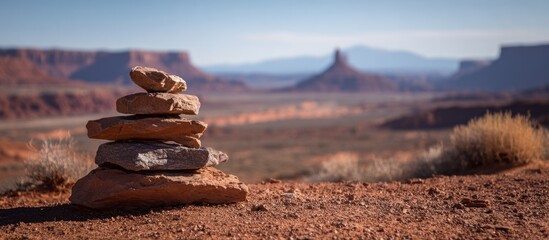 Stacked stones overlook an expansive desert landscape with mesas and buttes under a blue sky