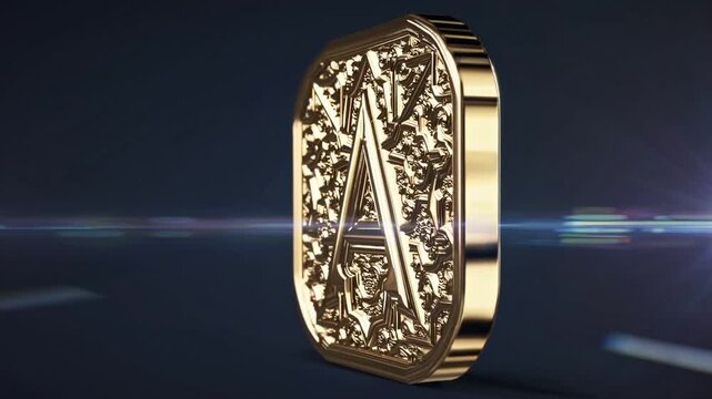 gold ornate coin embossed letter A rotating closeup with cinematic lighting, intricate filigree pattern, reflective metal finish, lens flare highlights, dark studio background, slow reveal for premium